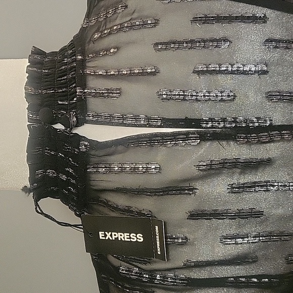 Express Black with Silver Thread Smocked Waist Full Sleeve Blouse - Size XS - Picture 8 of 12